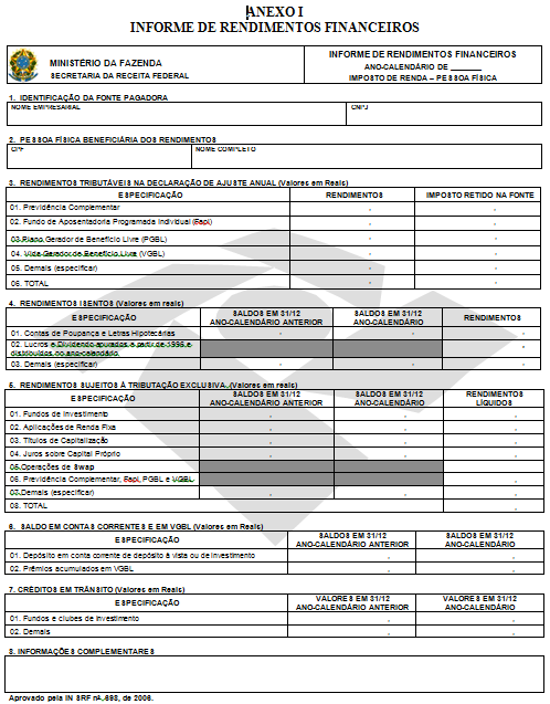 Modelo de Informe de Rendimentos Financeiros
