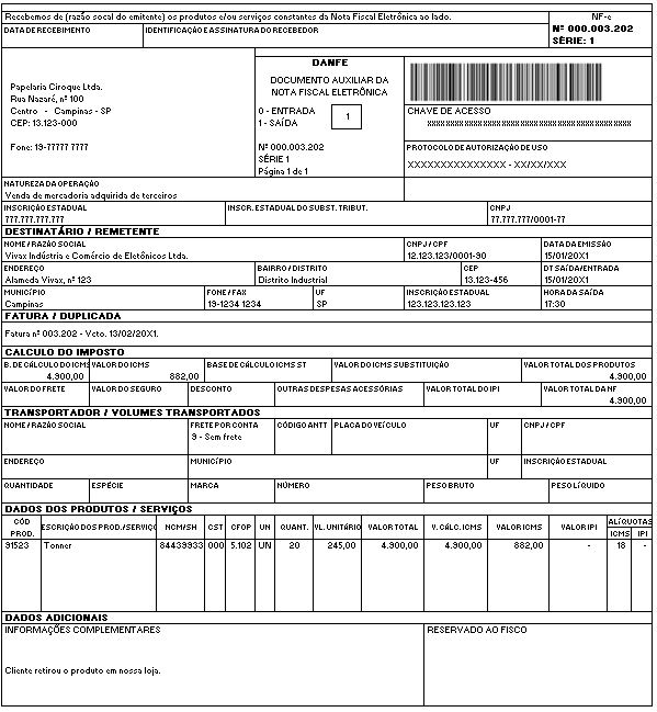 Nota Fiscal de compra de material de uso e/ou consumo