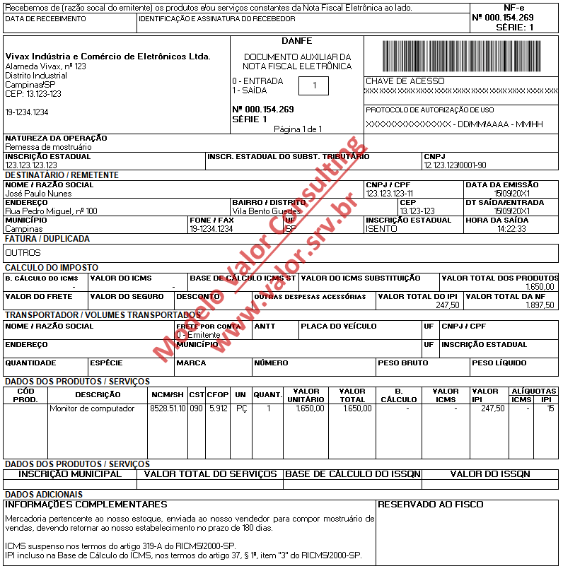 Nota Fiscal de Remessa de mostruário