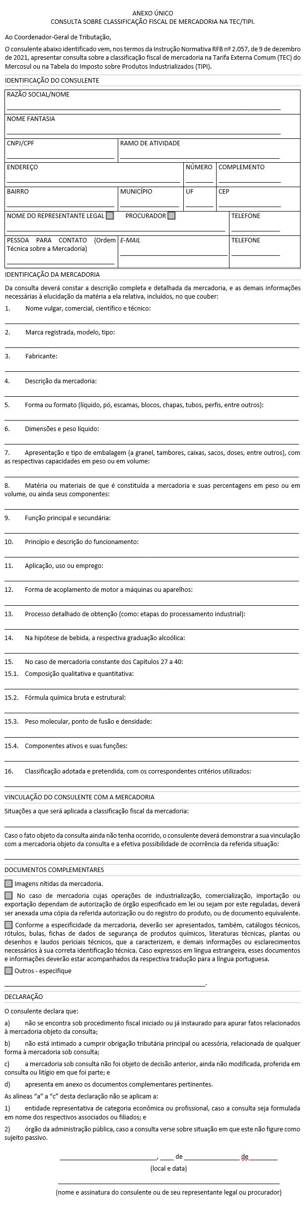 Consulta sobre classificação fiscal de mercadoria na TEC/TIPI