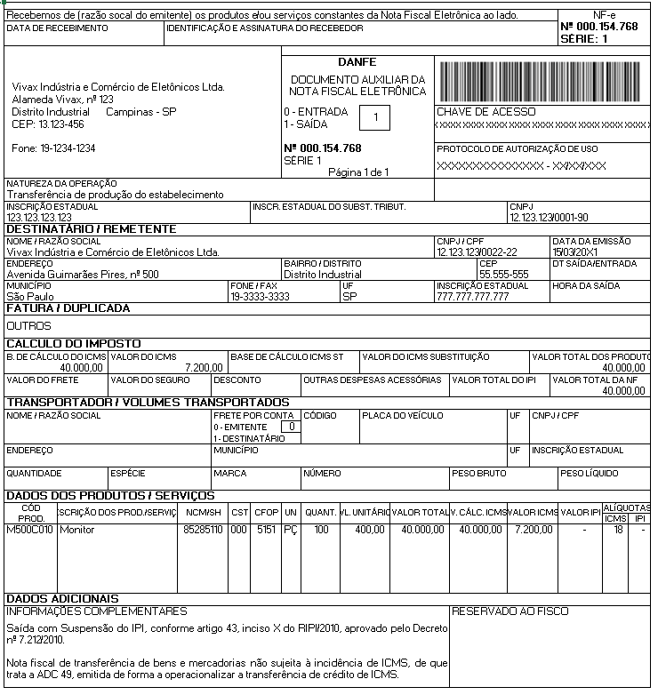 Nota Fiscal de transferência de mercadoria